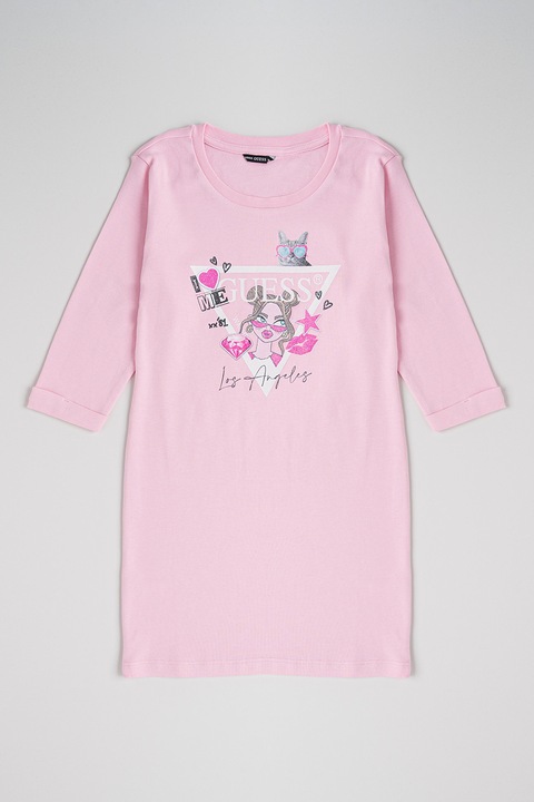 GUESS KIDS, Rochie-bluza sport cu imprimeu logo, Alb/Roz/Albastru
