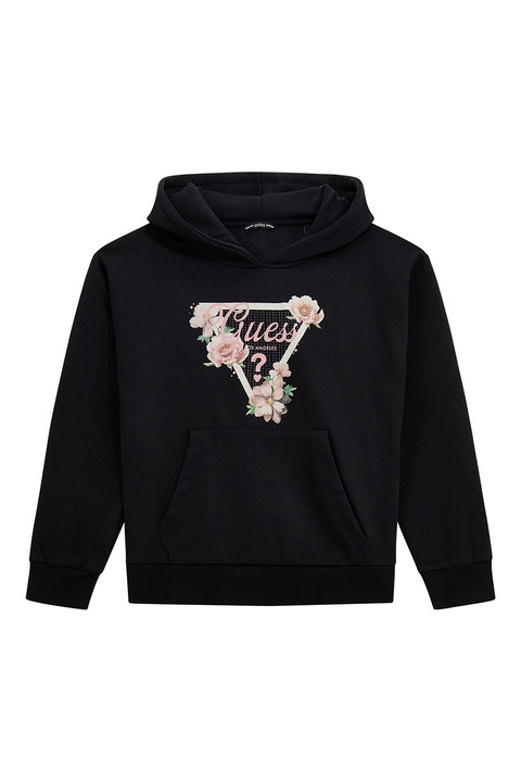 GUESS KIDS, Уголемено худи с декоративни камъни, Черен/Светлорозов