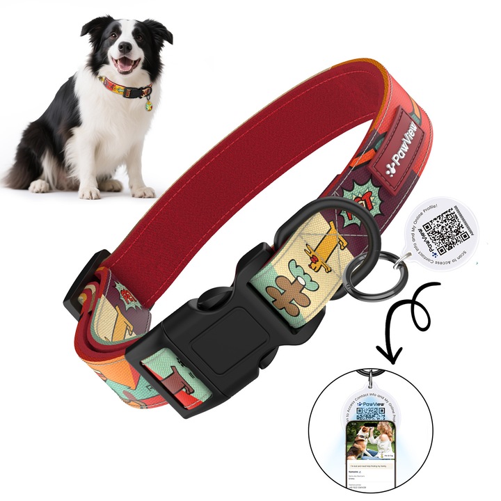 PawView® Zgarda pentru Caini cu Cod QR Personalizat(Dog ID Tag) Rosu L (25mm x 41–66cm), Reglabila si Rezistenta, Disponibil S/M/L