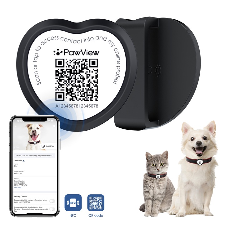 PawView® Medalion pentru animale de companie, cu QR Code si NFC - Anti-Pierdere, Profil Online, Silicon, pentru Caini si Pisici - Pandantiv Personalizat, cu AI Health Management, Medalion Personalizat Caini, activare prin aplicatie （Inima, Negru）