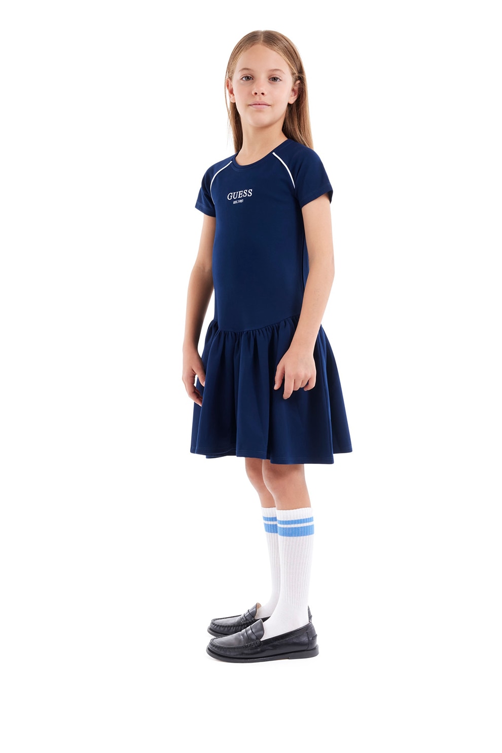 GUESS KIDS, Rochie evazata cu logo, Albastru inchis, 125-135 CM