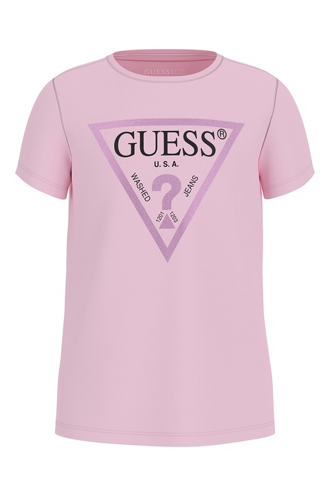GUESS KIDS, Памучна тениска с метализирано лого, Пастелнорозов