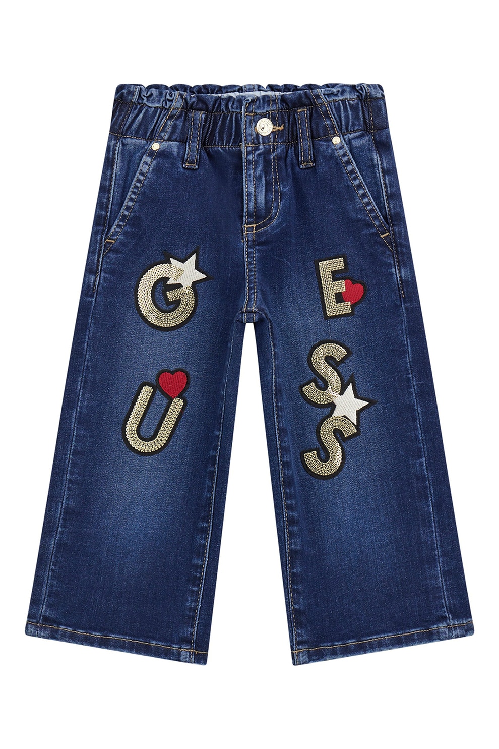 GUESS KIDS, Blugi cu croiala ampla, logo si talie elastica, Albastru inchis, 118-122 CM