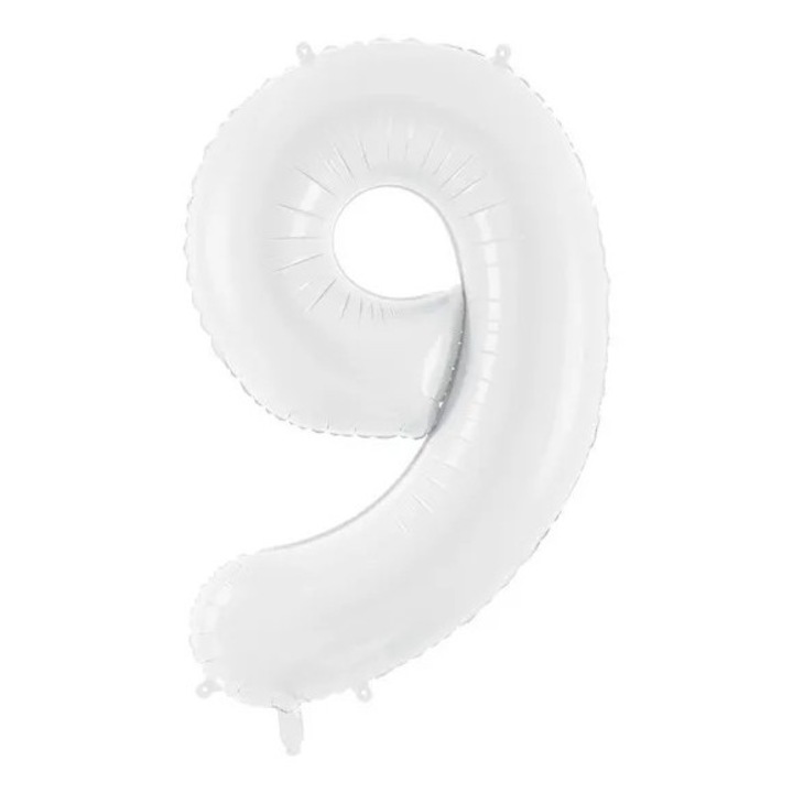 Balon foliowy Cyfra ''9'', PartyDeco, бял, 86 см, комплект със сломка