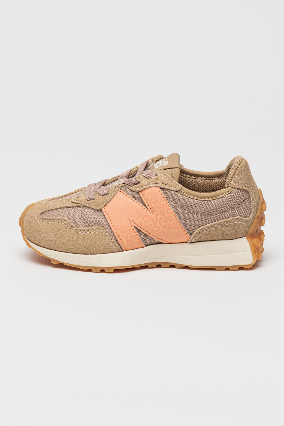 New Balance, Pantofi sport 327 cu animal print si detalii de piele intoarsa, Kaki, Maro nisip, 30 EU