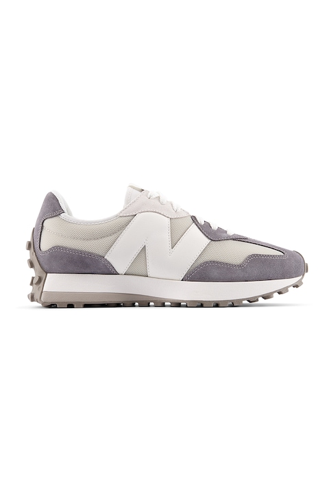 New Balance, Pantofi sport cu garnituri din piele 327 CastleRock, Alb fildes/Gri carbune