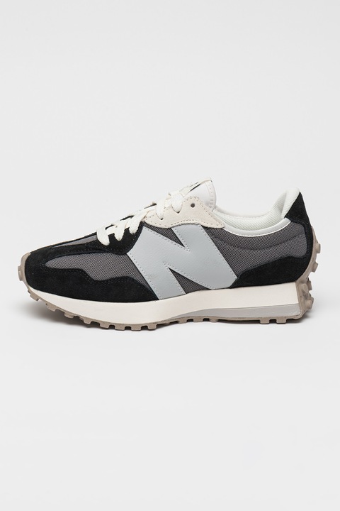 New Balance, Pantofi sport cu insertii de piele intoarsa 327, Negru/Gri inchis