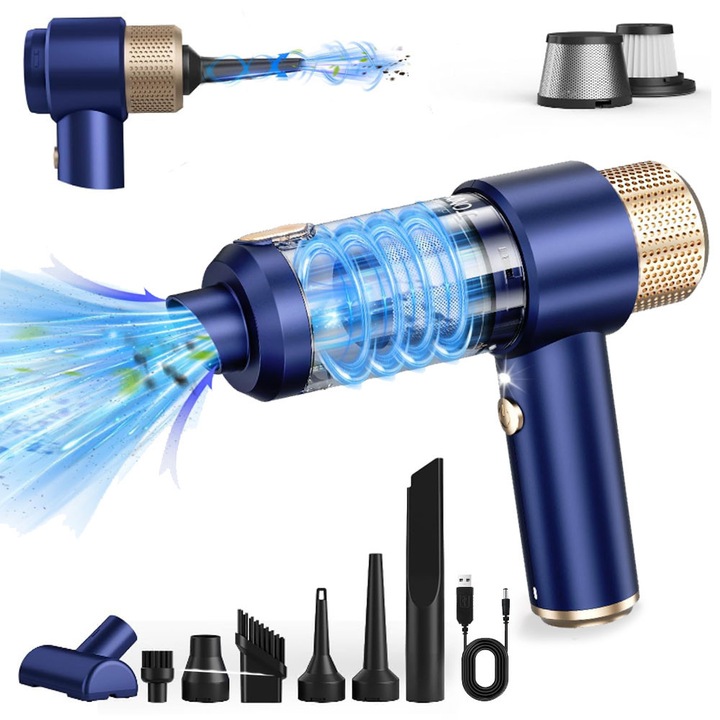 Unloshe 7 az 1-ben akkus autós porszívó, 8000Pa, több tartozékkal, királykék