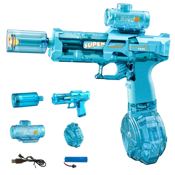 Pistol de Apa Electric cu Jet Puternic, Noonedibs, LED Interactiv, Efecte Sonore, Raza 10m, 2 Acumulatori Reincarcabili, Jucarie pentru Vara, Apa, Joaca Exterior, Modern, Pistol Reincarcabil Copii si Adulti, Cadou Vara Copii, albastru