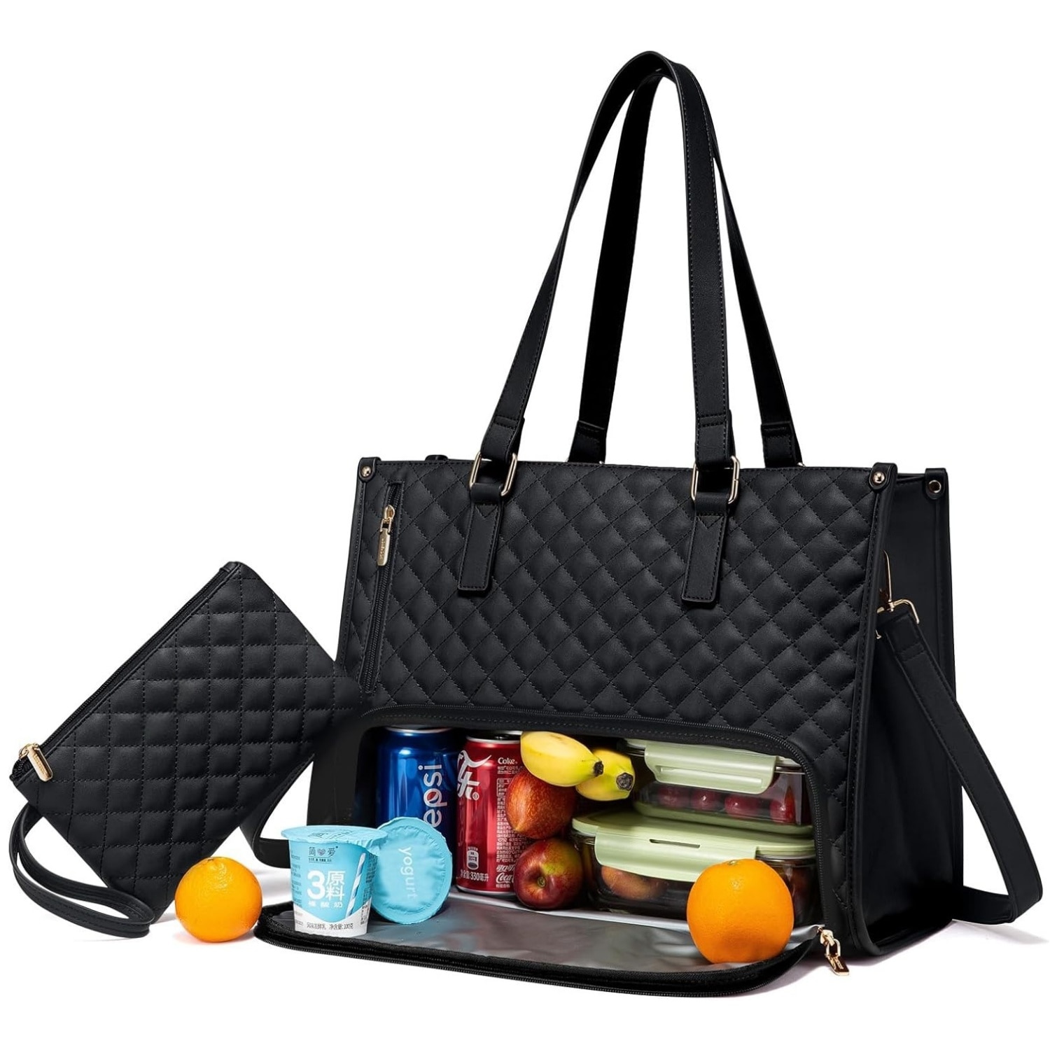 Geanta pentru laptop, MOSMAOO®, Smart casual pentru Business/ Calatorii, Rezistenta la apa, 15,6 inch, De umar sau de mana, Capacitate mare, Piele, Pranz Tote sac pentru, Cu compartiment izolat pentru pranz, Negru carbon