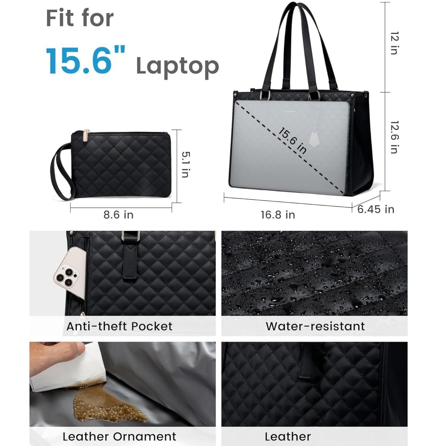 Geanta pentru laptop, MOSMAOO®, Smart casual pentru Business/ Calatorii, Rezistenta la apa, 15,6 inch, De umar sau de mana, Capacitate mare, Piele, Pranz Tote sac pentru, Cu compartiment izolat pentru pranz, Negru carbon