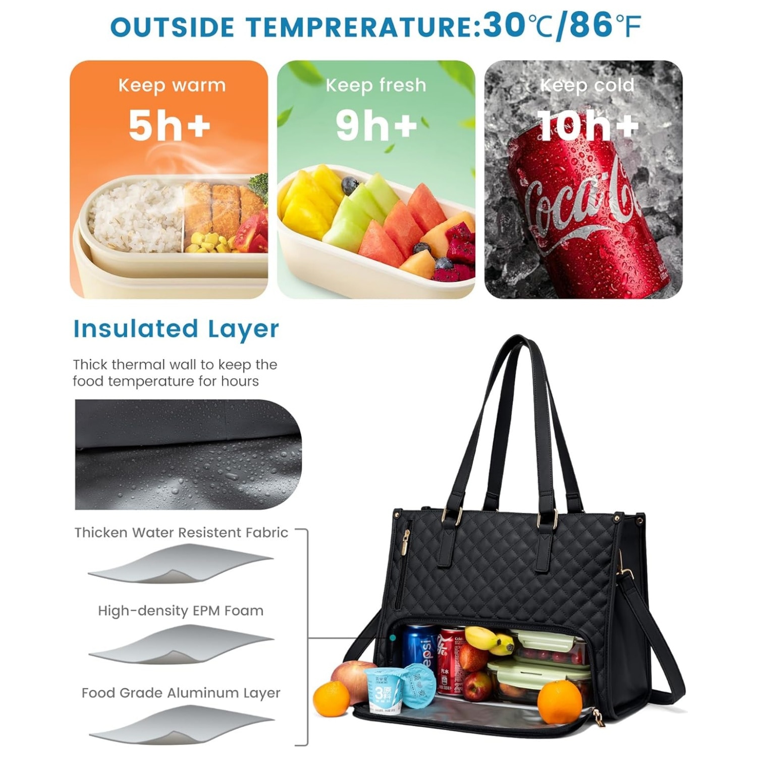 Geanta pentru laptop, MOSMAOO®, Smart casual pentru Business/ Calatorii, Rezistenta la apa, 15,6 inch, De umar sau de mana, Capacitate mare, Piele, Pranz Tote sac pentru, Cu compartiment izolat pentru pranz, Negru carbon