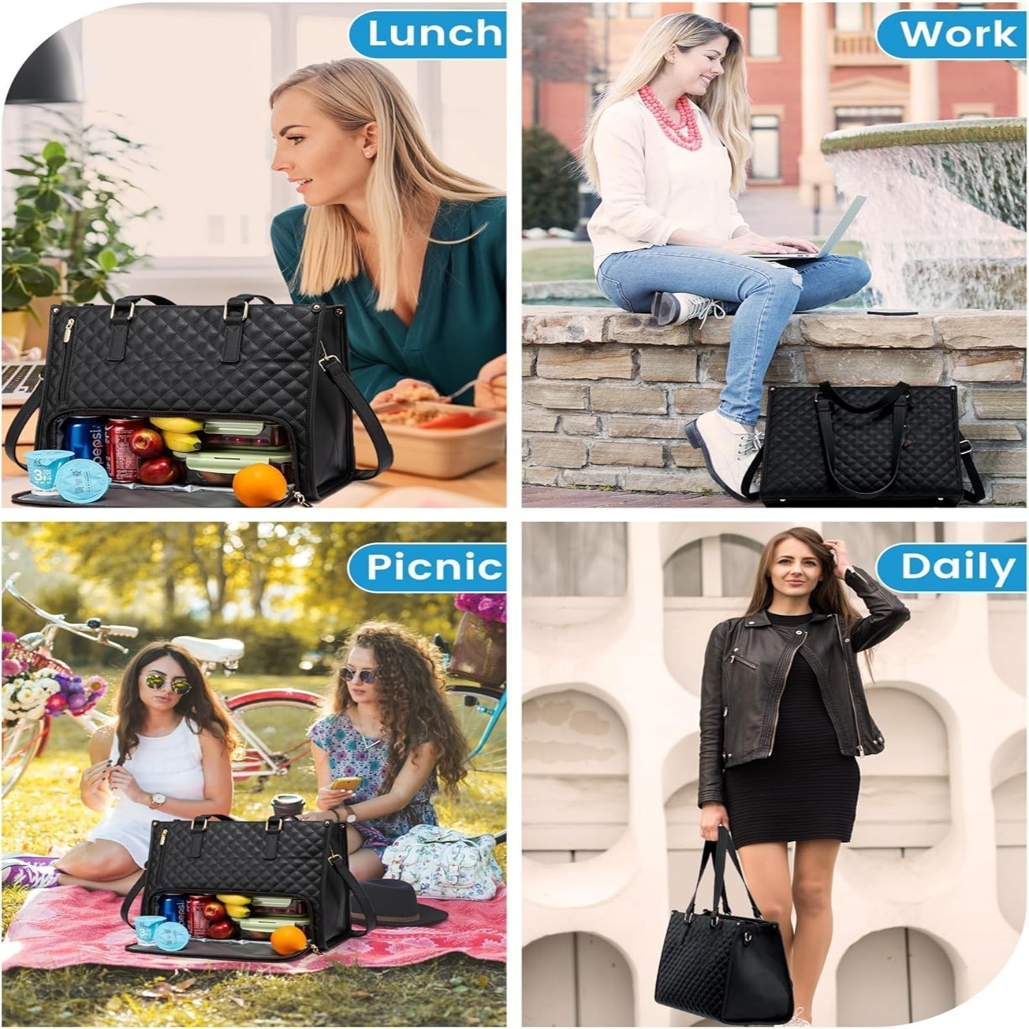 Geanta pentru laptop, MOSMAOO®, Smart casual pentru Business/ Calatorii, Rezistenta la apa, 15,6 inch, De umar sau de mana, Capacitate mare, Piele, Pranz Tote sac pentru, Cu compartiment izolat pentru pranz, Negru carbon