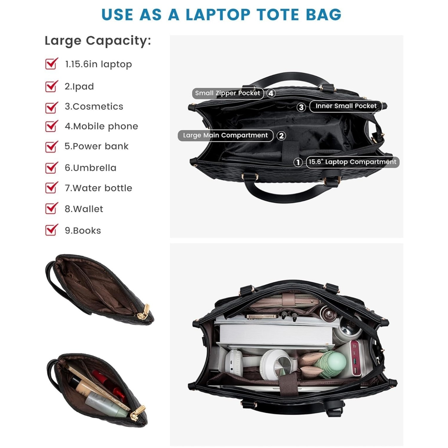 Geanta pentru laptop, MOSMAOO®, Smart casual pentru Business/ Calatorii, Rezistenta la apa, 15,6 inch, De umar sau de mana, Capacitate mare, Piele, Pranz Tote sac pentru, Cu compartiment izolat pentru pranz, Negru carbon