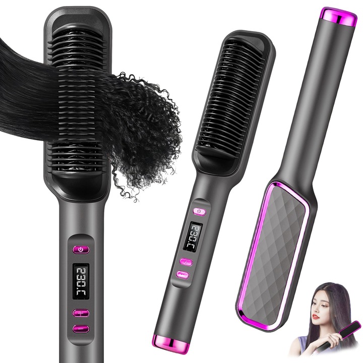 Placa de indreptat parul, perie ionica de indreptat parul si pieptene fierbinte cu afisaj LED, incalzire rapida de 10 secunde, 30 de setari de temperatura, anti-oparire, instrumente profesionale pentru coafare