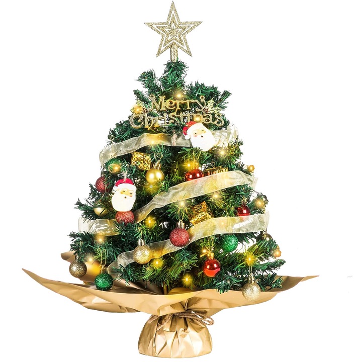 Mini pom de Craciun cu lumini mici calde, 60 cm inaltime pentru cadouri DIY Chrismtas, birou, decorare pentru petreceri la domiciliu