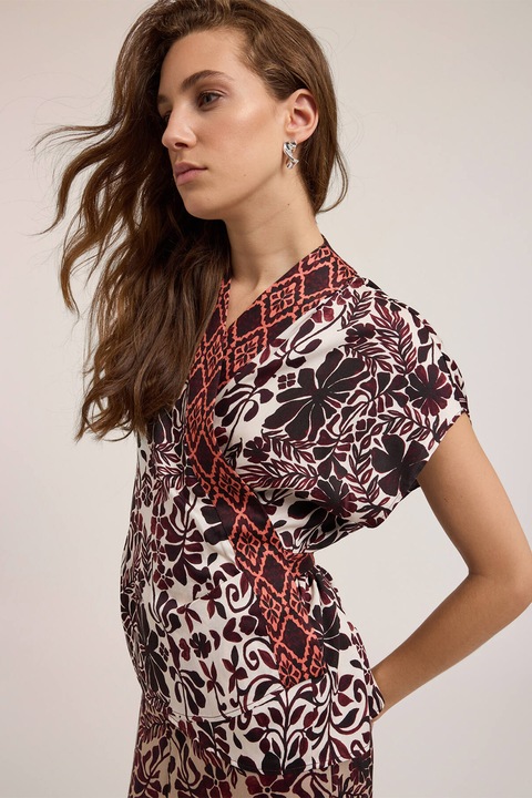 Motivi, Bluza cu maneci scurte si decolteu cache-coeur, Maro/Bej