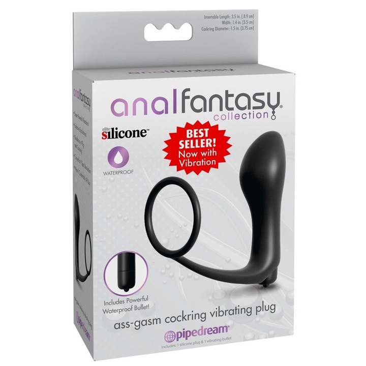 Dop anal cu inel pentru penis, Anal Fantasy, negru, 10,4x3,8cm