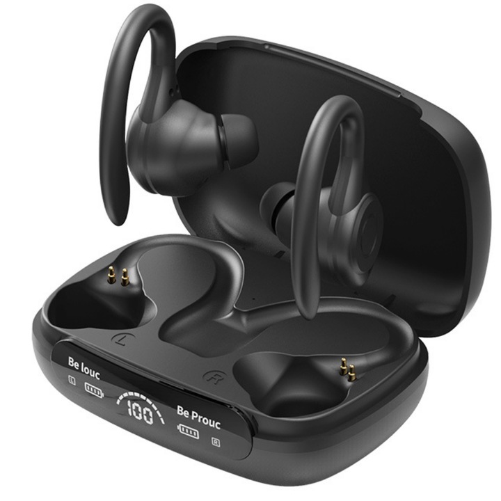 Безжични слушалки Tekeboy®, Bluetooth 5.3, шумопотискане, сензорно управление, LED дисплей, водоустойчиви, активно шумопотискане, спортни, 8 часа живот на батерията, обхват 10 м, черни