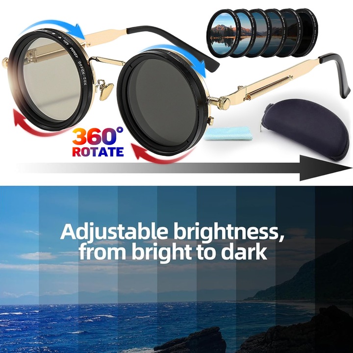 Слънчеви очила, Кръгли поляризирани, ND филтър с 9 регулируеми нива на цвят, UV защита за употреба на открито, слънцезащитен крем против отблясъци, златист
