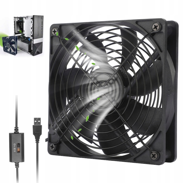 PC házventilátor, Ydene®, USB 5V, 140x140x25 mm, 3 állítható sebesség, 1500 RPM, 56 CFM, fekete, számítógéphez, laptophoz, routerhez, PS4-hez, Xboxhoz, TV-hez, DVR-hez, erősítőhöz