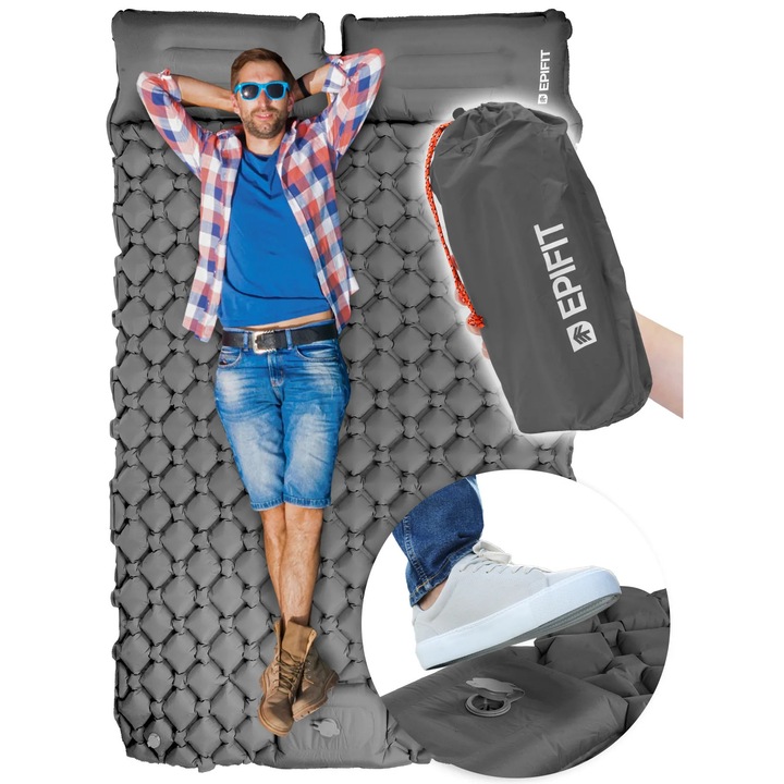 Saltea autogonflabilă MalTec 195x120x5cm, gri, pentru camping, cu pompă de picior integrată, set complet