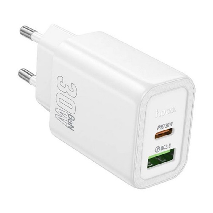 Hoco n63 hálózati töltő usb+type-c aljzat, 30w, 3a, pd gyorstöltő 3.0, fehér