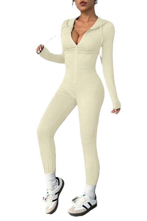 Salopeta Dama, Full Body, Cu Gluga Si Fermoar, Crem, L