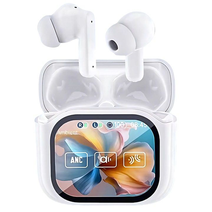 Casti wireless BMSIFY®, cu anulare a zgomotului ANC & mod ambient, Display Digital LED multicolor, Control Touch, Microfon HD, Bluetooth 5.4, Autonomie 6h, Egalizator 7 moduri, Localizare casti, Universale, alb