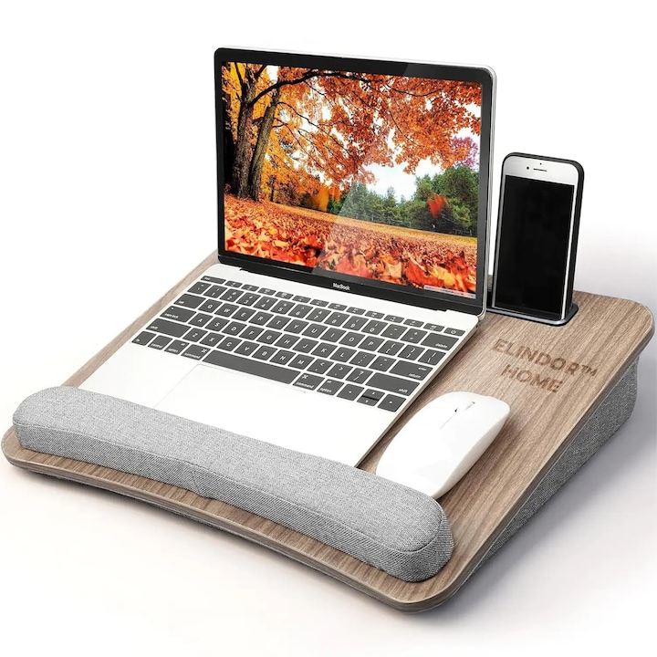 Универсална стойка за лаптоп Elindor® в кафяво, многофункционална маса, дървена, преносима, с чекмедже за съхранение и поставка за таблет, размери на стойката 43x33x7 см