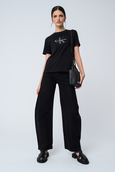 CALVIN KLEIN JEANS, Свободна памучна тениска с лого, Черен/Светло сив/Бял