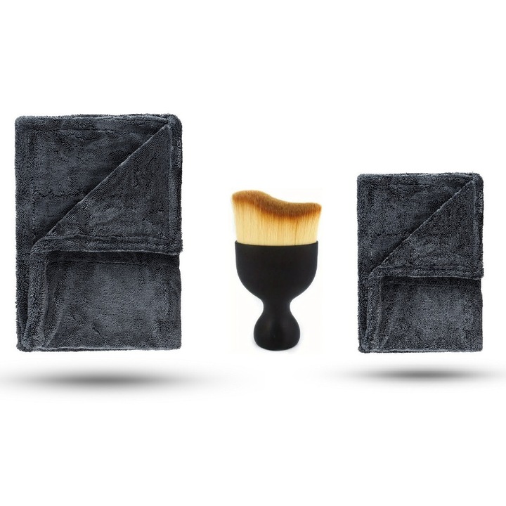 Комплект от две първокласни микрофибърни кърпи за кола, усукана примка, дебелина 1200 г/м², една кърпа с размери 90x60 см + една кърпа с размери 60x40 см + нанофибърна четка