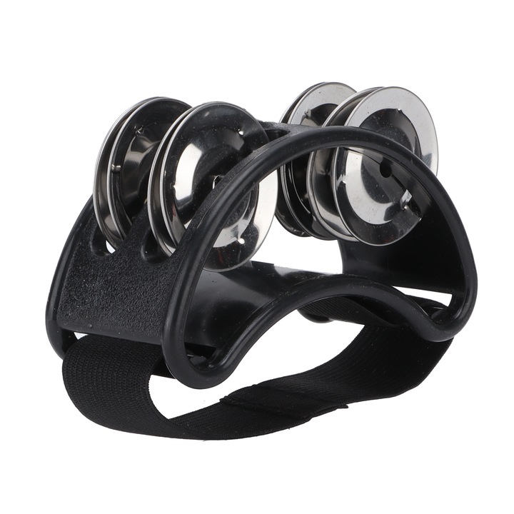 Tamburin de picior, set 4 clopotei metalici, negru, elastic, mic si usor