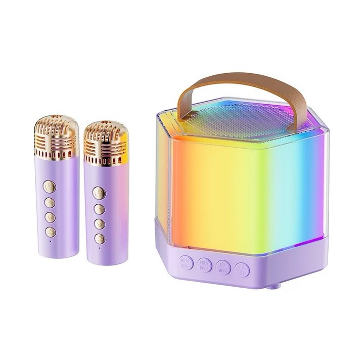 RGB Karaoke Hangszóró 2 Vezeték Nélküli Mikrofonnal, Q-7 Modell, TF Kártya, USB, Bluetooth, Erőteljes Hang- és Fényeffektek - Lila