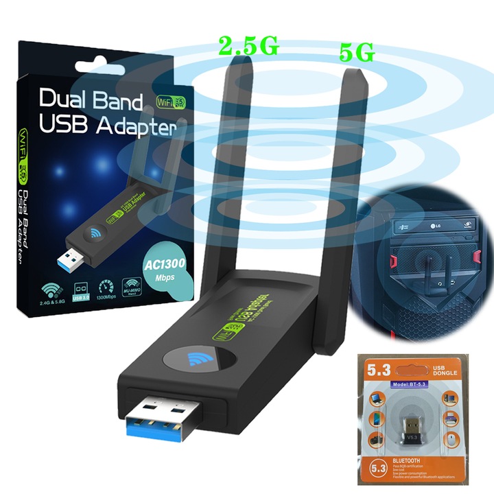 1x адаптер безжичен WiFi USB + 1x комплект адаптер USB Bluetooth 5.3 EDR, надстроена версия на сигнала, AC1300Mbps двубандова 5dBi антена с висок коефициент на усилване, безжичен мрежов адаптер 2.4GHz/5GHz за компютър, съвместим с Windows/8/10/11