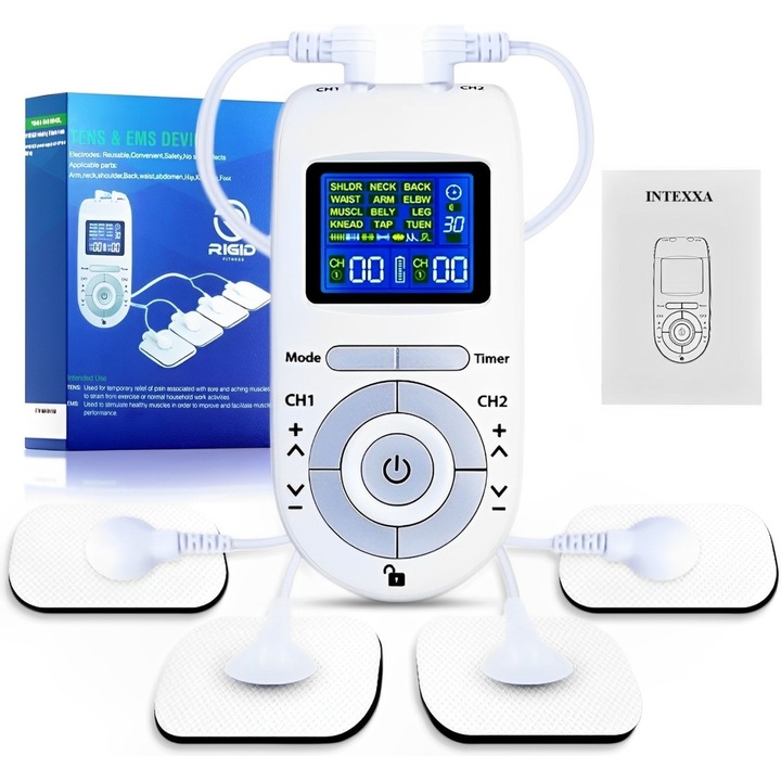 Aparat de Masaj cu Electrostimulare pentru Fizioterapie/Electroterapie INTEXXA, 12 Programe Masaj, 30 Niveluri de Intensitate, Doua Canale de Utilizare,, Display Digital, Alb