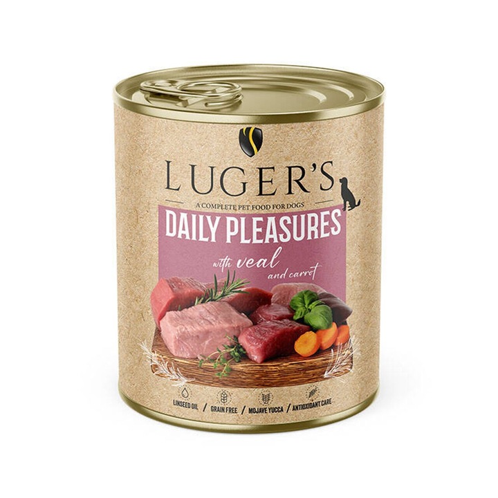 Hrana umeda pentru caini adulti, Luger's Daily Pleasures, cu vitel si morcov, 800 g