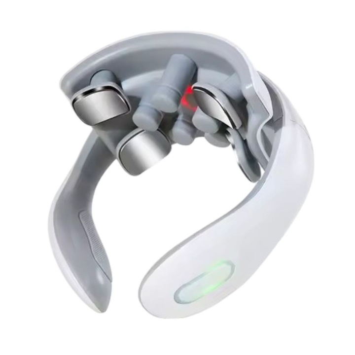 Aparat de masaj cervical portabil cu impulsuri electromagnetice, incalzire, 6 moduri, 15 trepte intensitate, masaj TENS+EMS pentru gat si umeri, wireless, incarcare USB, telecomanda, alb