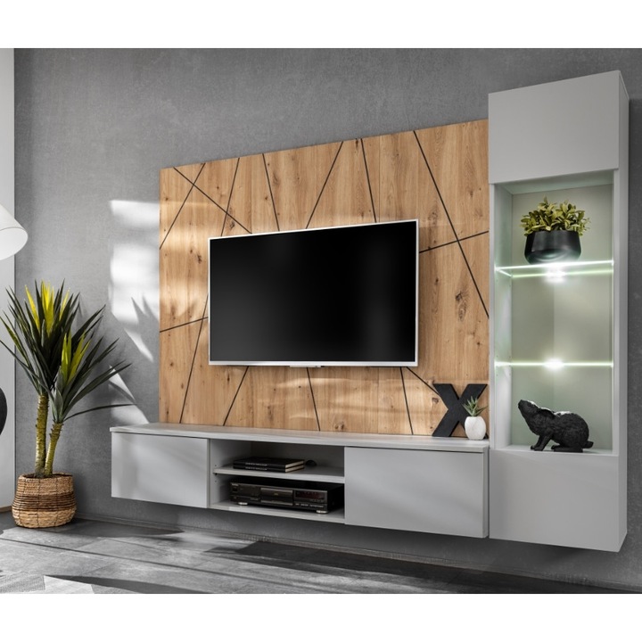 Set mobila living, suspendata, prindere perete, cu spatiu pe mijloc, usi deschidere prin apasare, vitrina cu led, stejar artisan -dungi negre/gri mat perlat, 220 cm lungime
