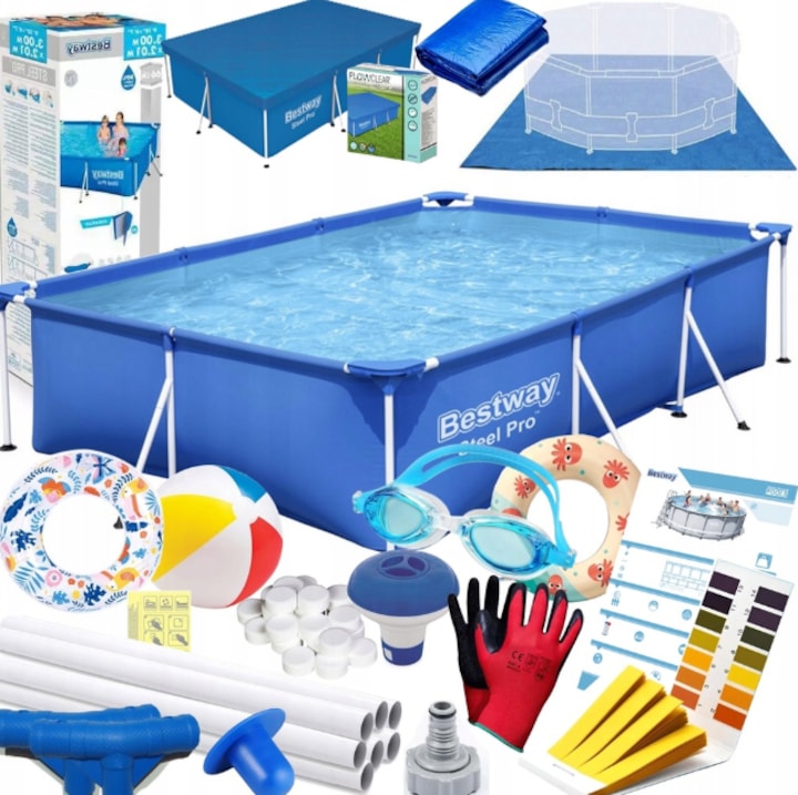 Téglalap alakú fémvázas medence, Bestway, 3300L, 300x201x66 cm, minden tartozékkal, kék