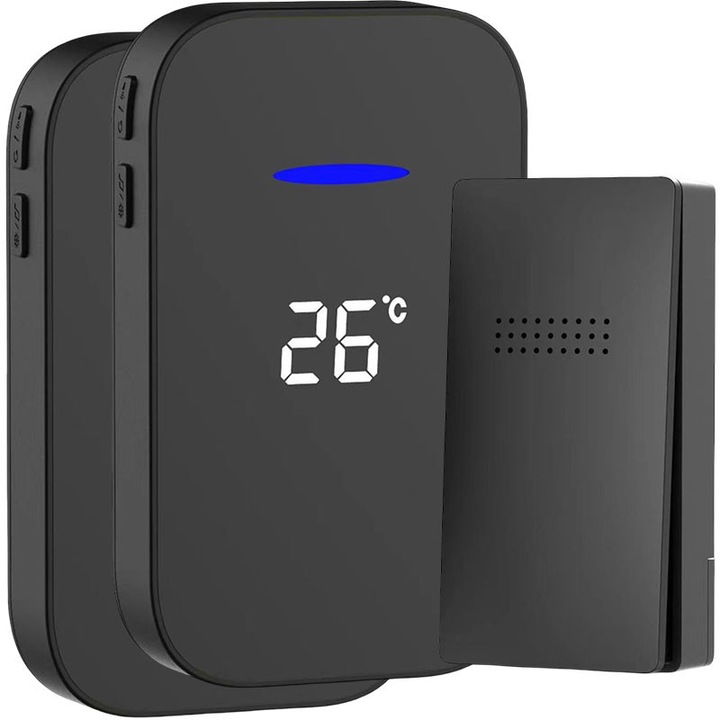 Sonerie wireless Nextia Kinetic TX302BK, pentru usa poarta, digitala, fara baterii - cu energie kinetica, afisaj temperatura, 38 melodii, 75 dB, IP44, 150m, doua receivere, negru