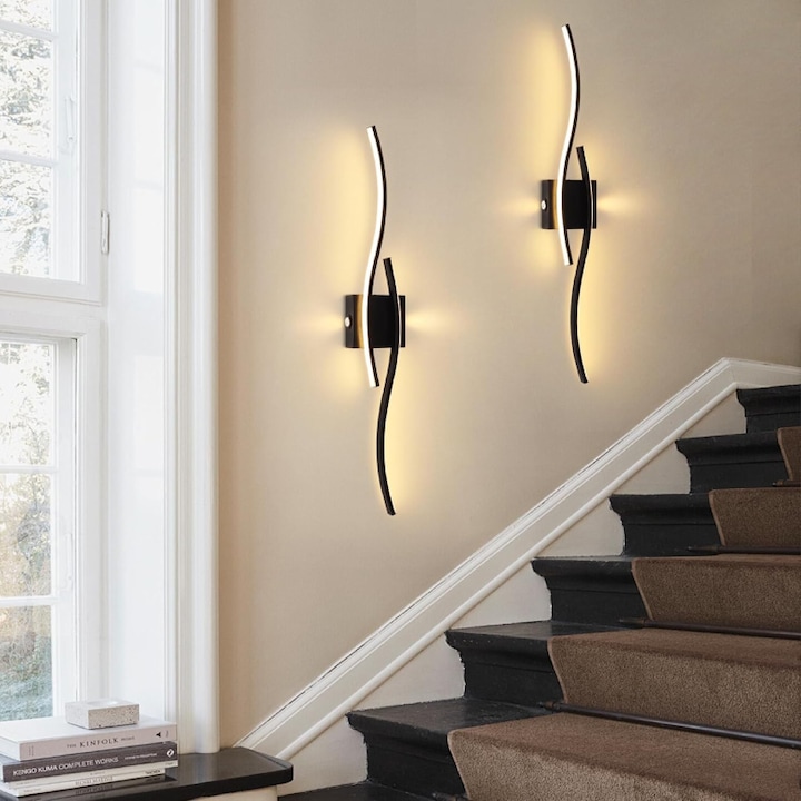 Set 2 Lampi HOZRO, cu LED, Design Wave, 100 cm, Negru, 28W, 1350 Lumen, Lumina Alb Calda, Ideala pentru Living, Dormitor, Baie, Hol
