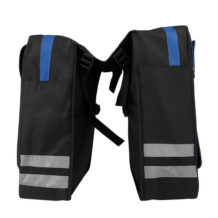 Dupla kerékpártáska, vízálló, fényvisszaverő csíkokkal, csomagtartóra rögzíthető, fekete/kék