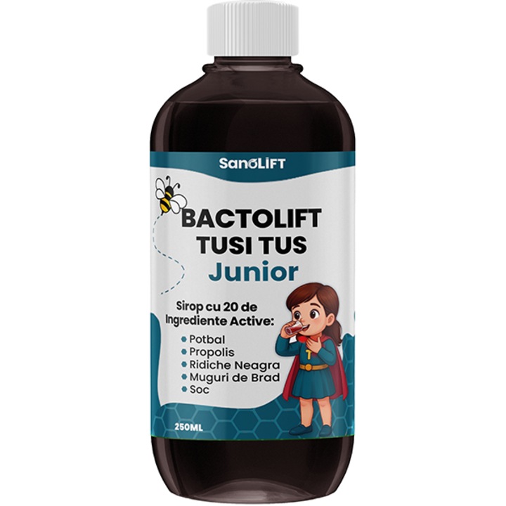 Sirop pentru Tuse la Copii: BactoLift Tusi Tus Junior, Tuse Seaca & Productiva - 20 Ingrediente Active - Ridiche Neagra, Potbal, Nalba, Miere & Propolis - 250 ML