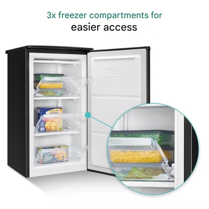 Congelator Bomann, GS7256N, H 83.5 cm, volum 60 litri, ideal pentru spatii mici, birou, rulota, congelare 4 stele, consum redus, inghetare rapida, temperatura ajustabila, 3 compartimente, tava cuburi gheata, usa reversibila, picioare ajustabile, negru