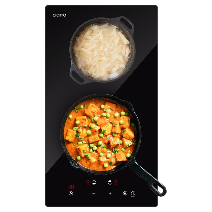 Plita electrica cu inductie Ciarra, CRGDBIH2, 2 arzatoare, ideal pentru garsoniera/rulota, sticla ceramica, 10 trepte de temperatura, 9 niveluri putere, detectare vas, display digital, senzor touch, temperatura reglabila 60-240°C, timer, negru