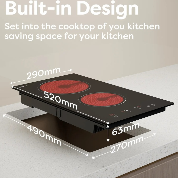Plita electrica vitroceramica incorporabila Ciarra, 29 cm, 2 arzatoare, 9 trepte putere, incalzire rapida, consum redus, ecran tactil, material sticla ceramica, oprire automata, usor de curatat, design modern, 3000 W, negru