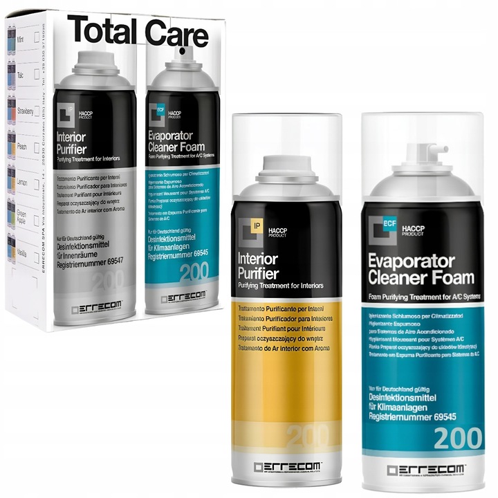 Set igienizare aer conditionat auto Errecom Total Care, 2x200 ml – Spuma evaporator + purificator interior aroma vanilie