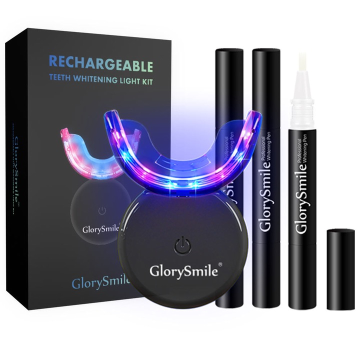 Kit Albire Dinti, GlorySmile, fara Peroxid, 3x Creioane Gel 4ml, Lampa LED 16 lumini Rosu+Albastru, Mulaje Incluse, Conectare USB, Acumulator Reincarcabil, Fara Fir, Portabil, Albire Profesionala, Sigura, Rapida, Eficienta, Acasa sau in Calatorii, Negru