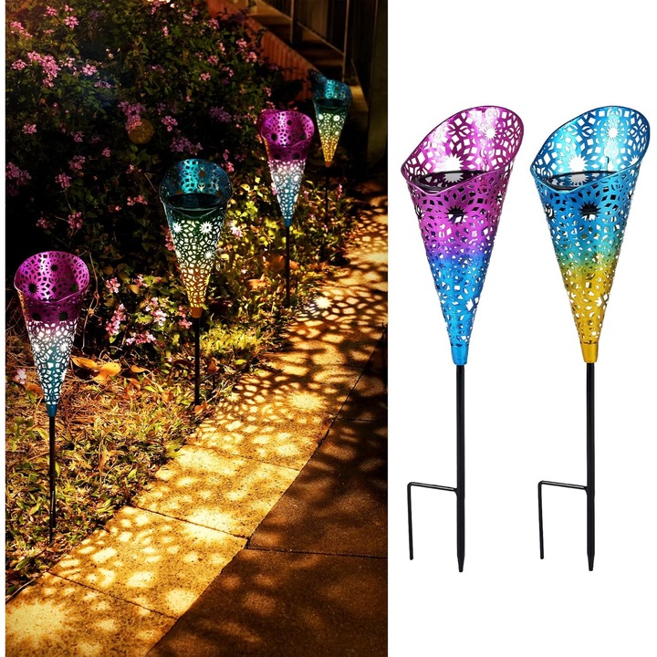 Napelemes LED fényfém dekorációk, 2 db színes pohárból álló szett